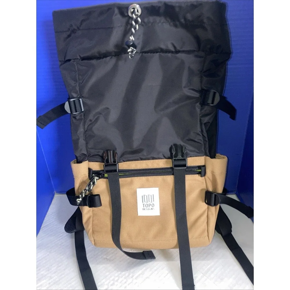 Topo Designs‎ Hiking Backpack Black Brown Canvas Padded Straps External Pockets